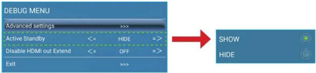 DEBUG MENU Advanced settings >>> Active Standby <= HIDE => Disable HDMI out Extend <= OFF => Exit >>> SHOW HIDE