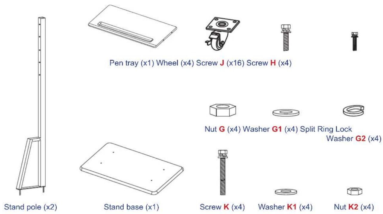 Pen tray (x1) Wheel (x4) Screw J (x16) Screw H (x4) Nut G (x4) Washer G1 (x4) Split Ring Lock Washer G2 (x4) Stand pole (x2) Stand base (x1) Screw K (x4) Washer K1 (x4) Nut K2 (x4)