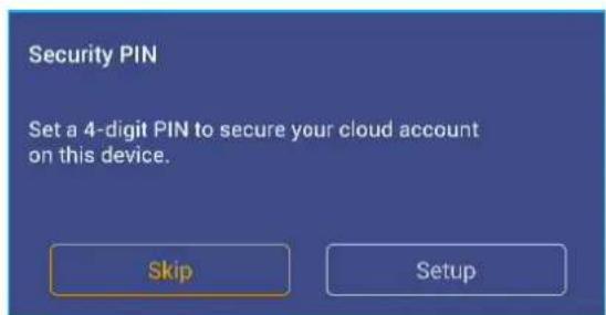 Security PIN Set a 4-digit PIN to secure your cloud account on this device. Skip Setup