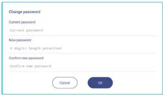 Change password Current password Current password New password 4 digits length permitted Confirm new password Confirm new password Cancel OK