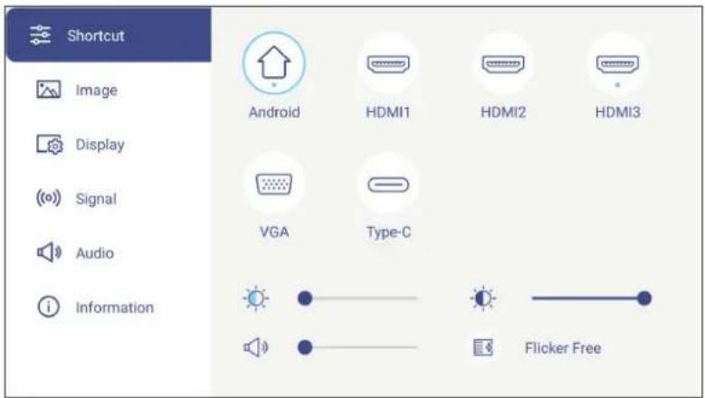 Shortcut Image Display Signal Audio Information Android HDMI1 HDMI2 HDMI3 VGA Type-C Flicker Free