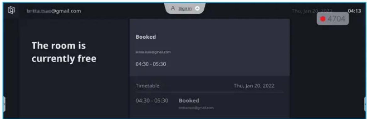 The room is currently free Booked www.hua@gmail.com 04:30 - 05:30 Timetable Thu, Jan 20, 2022 04:30 - 05:30 Booked www.hua@gmail.com Thu, Jan 20, 2022 04:13 4704