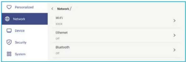 Personalized Network Wi-Fi XXXX Device Ethernet Off Security Bluetooth Off System < Network /