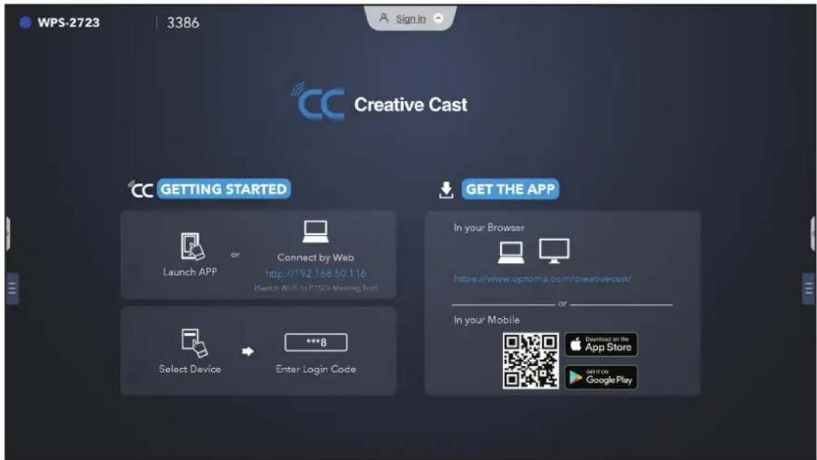 WPS-2723 | 3386 Sign In CC Creative Cast CC GETTING STARTED Get THE APP Launch APP or Connect by Web http://192.16850.116 (Switch With to FTSEs Meeting Grid) Select Device Enter Login Code In your Browser https://www,optpma.com/creativecast/ or In your Mobile Download on the App Store Google Play