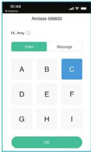 10:44 Camera Airclass 586830 Hi, Amy Voter Message A B C D E F G H I OK