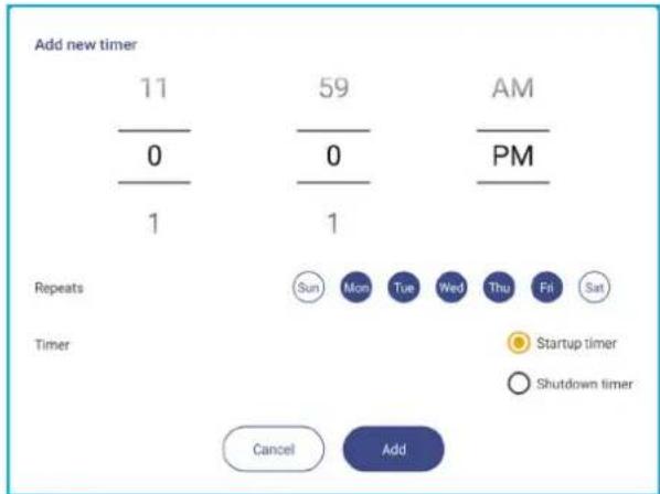 Add new timer 11 59 AM 0 0 PM 1 1 Repeats Sun Mon Tue Wed Thu Fit Sat Timer Startup timer Cancel Add