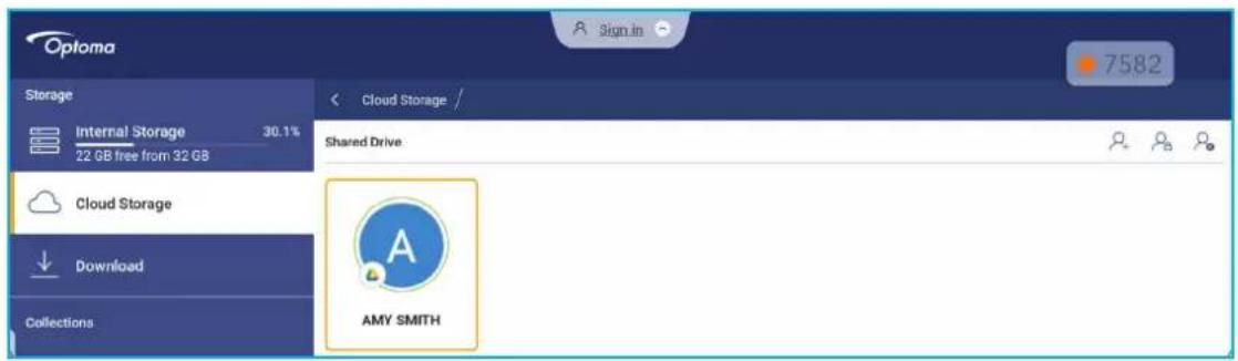 Optoma Sign In 7582 Storage Internal Storage 30.1% 22 GB free from 32 GB Cloud Storage Download Collections Cloud Storage / Shared Drive AMY SMITH