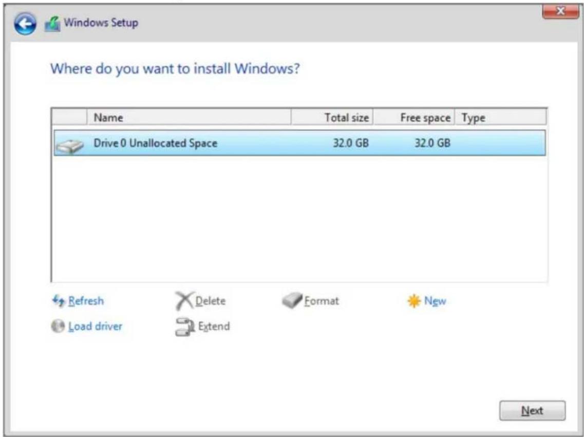 Where do you want to install Windows? Name Total size Free space Type Drive 0 Unallocated Space 32.0 GB 32.0 GB Refresh Delete Format New Load driver Extend Next