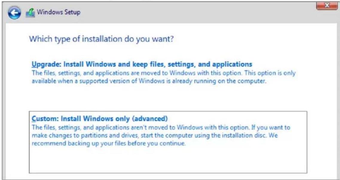 Which type of installation do you want? Upgrade: Install Windows and keep files, settings, and applications The files, settings, and applications are moved to Windows with this option. This option is only available when a supported version of Windows is already running on the computer. Custom: Install Windows only (advanced) The files, settings, and applications aren't moved to Windows with this option. If you want to make changes to partitions and drives, start the computer using the installation disc. We recommend backing up your files before you continue.