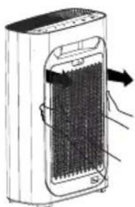 Diagram of a portable air conditioner unit with labeled components and airflow direction arrow