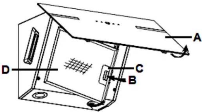 Technical diagram of a mechanical device with labeled components A, B, C, D and internal grid pattern
