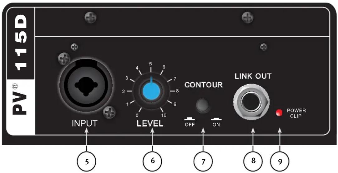PV® 115D INPUT LEVEL CONTOUR LINK OUT OFF ON POWER CLIP 5 6 7 8 9