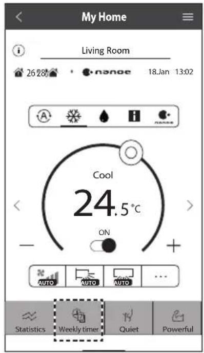 My Home Living Room 26 28 °C nanoe 18.Jan 13:02 Cool 24.5°C ON + AUTO AUTO AUTO ... Statistics Weekly timer Quiet Powerful