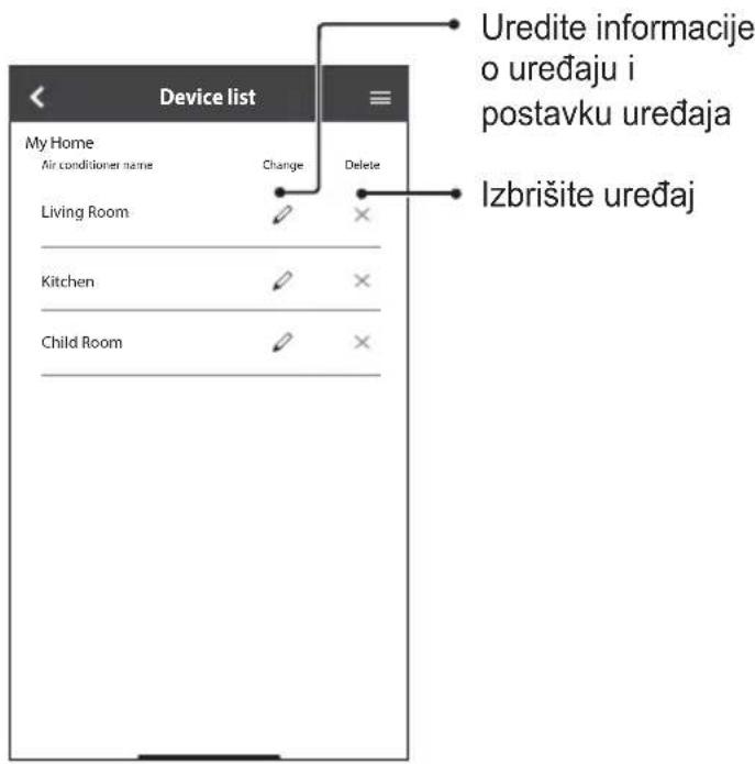 Device list My Home Air conditioner name Change Delete Living Room Kitchen Child Room Uredite informacije o uređaju i postavku uređaja Izbrišite uređaj