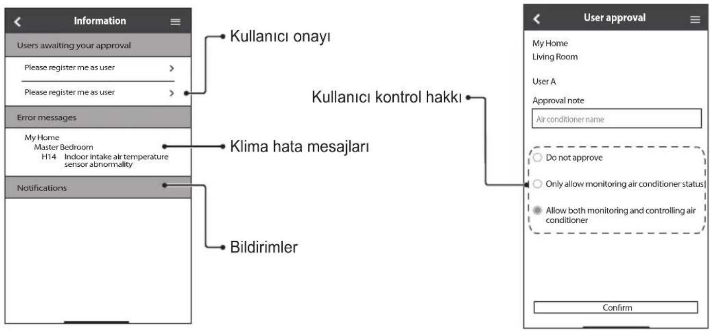 Air conditioners My Home Living Room OFF 27.0°C Kitchen OFF 26.0°C Bedroom OFF 25.0°C 2F Kids room OFF 30.0°C Dining OFF 26.0°C Bedroom 2 ON 23.0°C All OFF All ON Ayrı Klimaları KAPALI/AÇIK değiştirme Klima durumu (KAPALI/AÇIK, çalışma modu ve ayar sıcaklığı) Confirmation Turn on all air conditioners? Cancel OK Tümü KAPALI / Tümü AÇIK