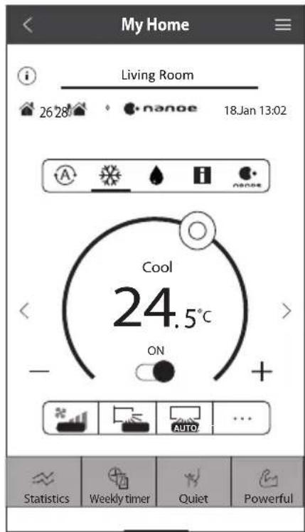 My Home Living Room 26 28 nanoe 18.Jan 13:02 Cool 24.5°C ON + - AUTO... Statistics Weekly timer Quiet Powerful