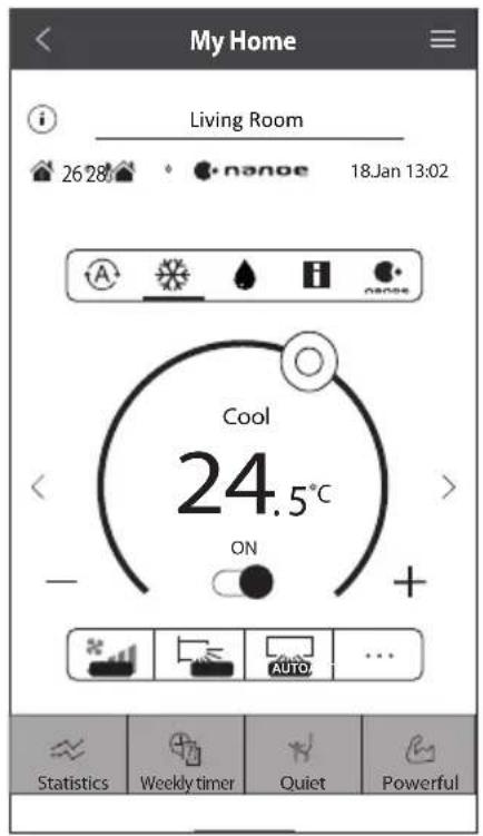 My Home Living Room 26 28 nanoe 18Jan 13:02 Cool 24.5°C ON + AUTO... Statistics Weekly timer Quiet Powerful