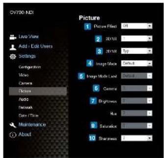 CV730 NDI Live View Add / Edit Users Settings Configuration View Camera Picture Auto Network Done / Time Maintenance About Picture 1 Picture Effect: 5% 2 20/50 3 20/50 Type 4 Image Mode Default 5 Image Mode Load Default 6 Genera 7 Brightness 8 Max 9 Saturation 10 Sharpen