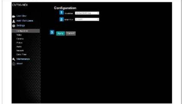 CNV330-NDI Configuration 1 2 3 Apply Apply Add Cell Users Settings Video Camera Photo Audio Network Data-Tier Maintenance About