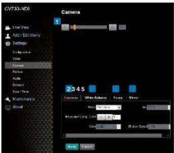 CV733-NDI Line View Add/Edit Users Settings Config buttons Vocal Camera Photo Audio Balance Time Time Maintenance Actual Camera 1 2345 Lockdown White Lockdown Focus Mirror Motion Photo Color In: 0.0 Processing Comp. Limit Color: Shake Speed: Auto Cancel