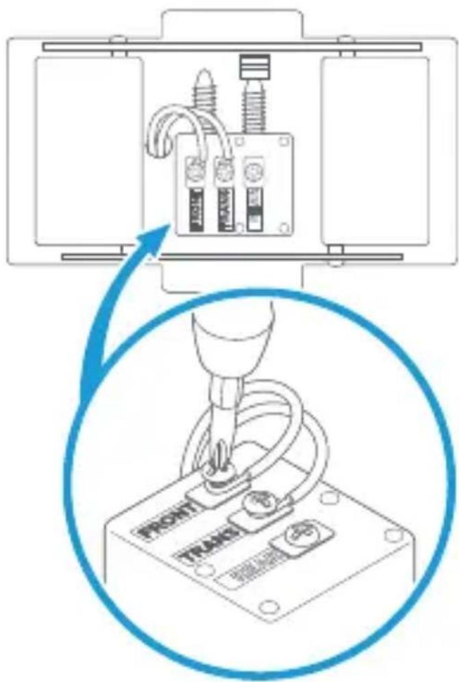 Diagram showing electrical wiring connection with labeled components and a magnified view of the device's cable assembly.