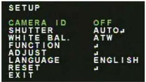 SETUP CAMERA ID OFF SHUTTER AUTO WHITE BAL. ATW FUNCTION ADJUST LANGUAGE ENGLISH RESET EXIT