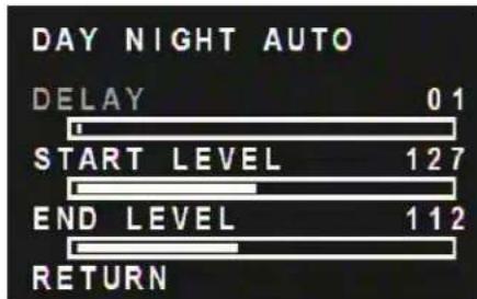 DAY NIGHT AUTO DELAY 01 START LEVEL 127 END LEVEL 112 RETURN