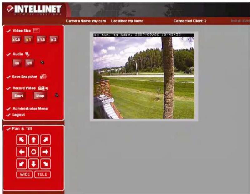 INTELLINET Camera Name: my cam Location: my home Connected Client: 2 Video Size x0.5 x1 x1.5 x2 Audio on off Save Snapshot Record Video Start Stop Administrator Menu Logout Pan & Tilt WIDE TELE