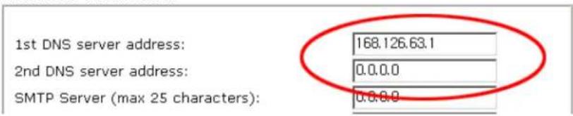 1st DNS server address: 168.126.63.1 2nd DNS server address: 0.0.0.0 SMTP Server (max 25 characters): 0.0.0.0