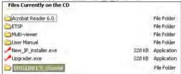 Files Currently on the CD Acrobat Reader 6.0 ETSP Multi-viewer User Manual New_IP_installer.exe Upgrader.exe INTELLINEE E_channel File Folder File Folder File Folder 228 KB Application 228 KB Application File Folder
