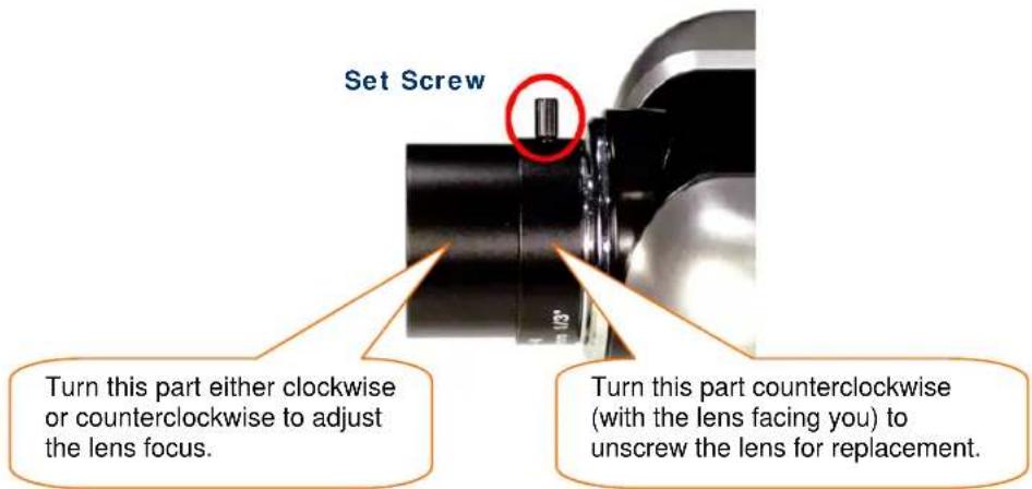 Set Screw Turn this part either clockwise or counterclockwise to adjust the lens focus. Turn this part counterclockwise (with the lens facing you) to unscrew the lens for replacement.