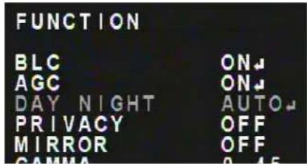FUNCTION BLC ON AGC ON DAY NIGHT AUTO PRIVACY OFF MIRROR OFF GAMMA 0.45
