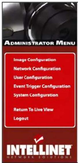 ADMINISTRATOR MENU Image Configuration Network Configuration User Configuration Event Trigger Configuration System Configuration Return To Live View Logout INTELLINET NETWORK SOLUTIONS