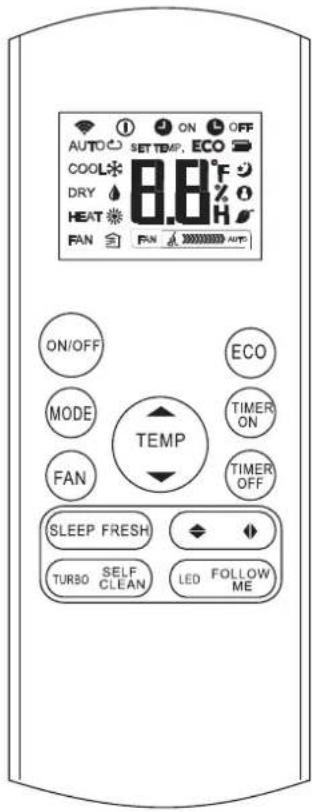 AUTO ON OFF SET TARP, ECO COOL 8.8°F DRY HEAT FAN FAN AUTO ON/OFF MODE FAN TEMP ECO TIMER ON TIMER OFF SLEEP FRESH TURBO SELF CLEAN LED FOLLOW ME