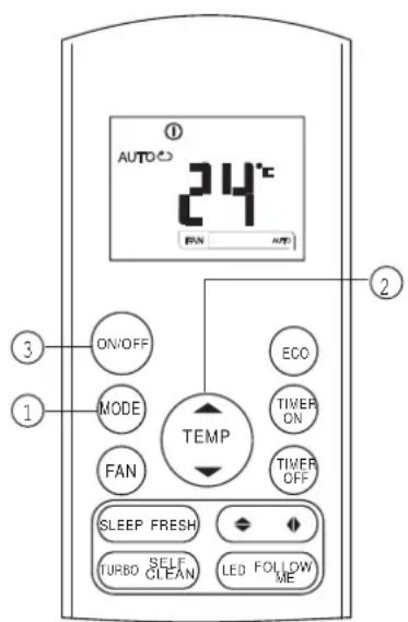 AUTO 24°C FAN OFF ON/OFF MODE FAN TEMP ECO TWER ON TWER OFF SLEEP FRESH TURBO SELF CLEAN LED FOLLOW ME