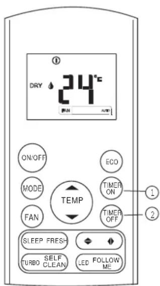DRY 24°C ON/OFF MODE FAN TEMP ECO TIMER ON TIMER OFF SLEEP FRESH TURBO SELF CLEAN LED FOLLOW ME 1 2