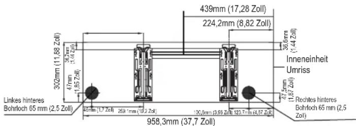 302mm (11,88 Zoll) 47mm (1,55 Zoll) 36.7mm (1,47 Zoll) 439mm (17,28 Zoll) 224,2mm (8,82 Zoll) 36.6mm (-4,4 Zoll) Inneneinheit Umriss 47.5mm (1,87 Zoll) 25mm (1,7 Zoll) 269.1mm (10,2 Zoll) 100,5mm (9,88 Zoll) 123.7mm (4,57 Zoll) 958,3mm (37,7 Zoll) Rechtes hinteres Bohrloch 65 mm (2,5 Zoll)