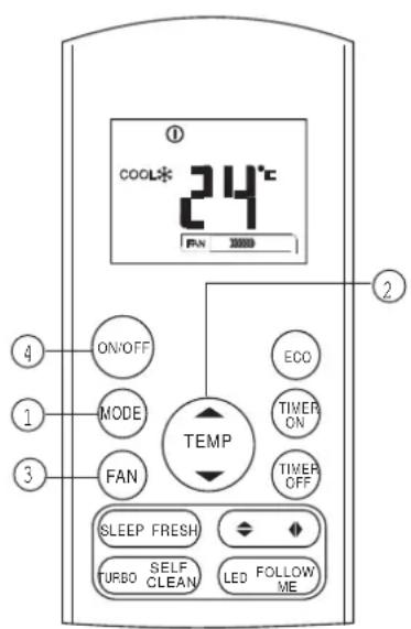 COOL* 24°C FAN 20000 ON/OFF MODE FAN TEMP ECO TIMER ON TIMER OFF SLEEP FRESH TURBO SELF CLEAN LED FOLLOW ME
