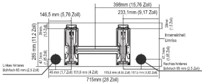 285 mm (11,2 Zoll) 39mm (1,57 Zoll) 47,1mm (1,85 Zoll) 45 mm (1,7 Zoll) 101,6 mm (4 Zoll) 146,5 mm (5,76 Zoll) 398mm (15,76 Zoll) 233,1mm (9,17 Zoll) 39mm (1,5 Zoll) Innereinheit Umriss 47,1mm (1,85 Zoll) Rechlas hinteres Bohrloch 65 mm (2,5 Zoll) 45 mm (1,7 Zoll) 101,6 mm (4 Zoll) 115,6 mm (4,85 Zoll) 117,5 mm (4,82 Zoll) 715mm (28 Zoll)