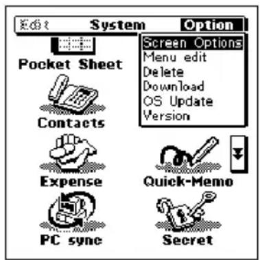 Edit System Option Screen Options Menu edit Delete Download OS Update Version Pocket Sheet Contacts Expense Quick-Memo PC sync Secret