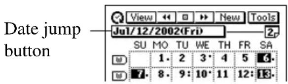 Date jump button View ↔ □ >> New Tools Jul/12/2002(Fri) 2p SU MO TU WE TH FR SA W 1. 2 3. 4 5 6. W 7. 8. 9: 10. 11 12: 13.