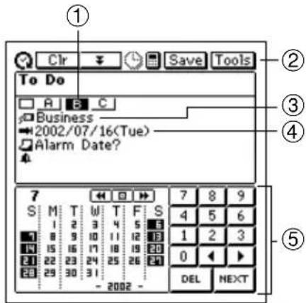 ① Clr Save Tools To Do A B C Business 2002/07/16(Tue) Alarm Date? ② ③ ④ ⑤ 7 8 9 S M T W T F S 4 5 6 1 2 3 4 5 6 1 8 9 10 11 12 13 14 15 16 17 18 19 20 21 22 23 24 25 26 27 28 29 30 31 - 2002 - DEL NEXT