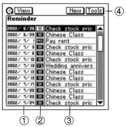 View New Tools Reminder 2002/ 5/25 U Check stock pric 2002/ 5/25 U Chinese Class 2002/ 1/ 1 N Pay rent 2002/ 1/ 3 U Check stock pric 2002/ 1/ 6 U Chinese Class 2002/ 1/ 10 U Check stock pric 2002/ 1/ 13 Y1 Wedding annivers 2002/ 1/ 13 U Chinese Class 2002/ 1/ 13 U Chinese Class 2002/ 1/ 17 U Check stock pric 2002/ 1/ 20 U Chinese Class 2002/ 1/ 20 U Chinese Class 2002/ 1/ 24 U Check stock pric ① ② ③