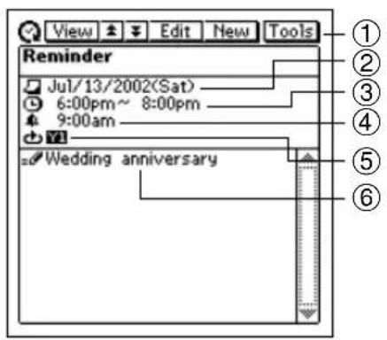 View Edit New Tools Reminder Jul/13/2002(Sat) 6:00pm ~ 8:00pm 9:00am Wedding anniversary