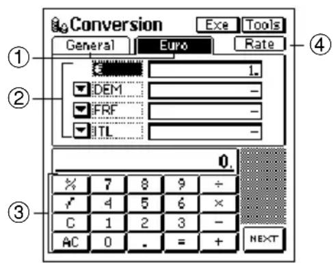 Conversion Exe Tools General Euro Rate ① 1. ② DEM - ③ C 1 2 3 - AC 0 . = + NEXT