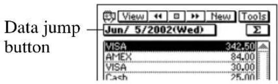 Data jump button View << □ >> New Tools Jun/ 5/2002(Wed) Σ VISA 342.50 AMEX 84.00 VISA 30.00 Cash 25.00