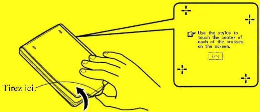 Tirez ici. Use the stylus to touch the center of each of the crosses on the screen. Era