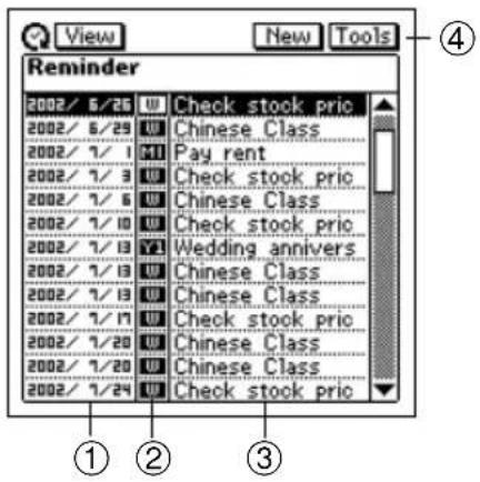View New Tools Reminder 2002/ 5/26 ₩ Check stock pric 2002/ 5/29 ₩ Chinese Class 2002/ 7/ 1 ₩ Pay rent 2002/ 7/ 3 ₩ Check stock pric 2002/ 7/ 6 ₩ Chinese Class 2002/ 7/ 10 ₩ Check stock pric 2002/ 7/ 13 ₩ Wedding annivers 2002/ 7/ 13 ₩ Chinese Class 2002/ 7/ 13 ₩ Chinese Class 2002/ 7/ 17 ₩ Check stock pric 2002/ 7/ 20 ₩ Chinese Class 2002/ 7/ 20 ₩ Chinese Class 2002/ 7/ 24 ₩ Check stock pric ①②③④