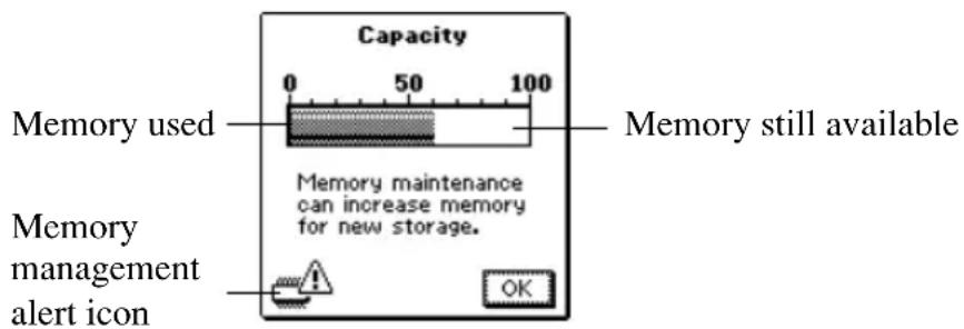 Capacity 0 50 100 Memory used Memory still available Memory maintenance can increase memory for new storage. Memory management alert icon OK