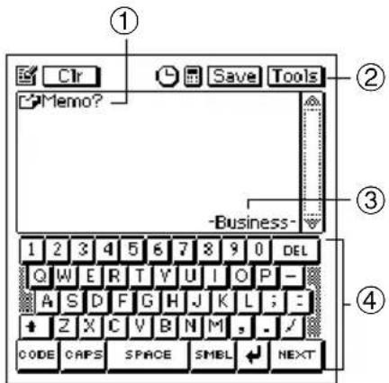 ① ② Memo? ③ -Business- ④ 1 2 3 4 5 6 7 8 9 0 DEL Q W E R T Y U I O P - A S D F G H J K L ; + Z X C V B N M , . / CODE CAPS SPACE SMBL NEXT